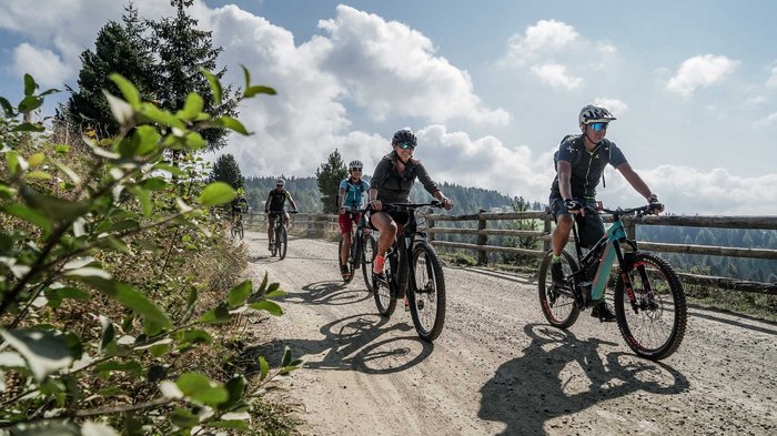 Unterkünfte Gitschberg Jochtal: Angebote Das Bild zeigt eine Gruppe von Fahrradfahrern, die auf einem sonnigen Waldweg unterwegs sind. Die Fahrer tragen Helme und sportliche Kleidung, während im Hintergrund Bäume und ein bewölkter Himmel zu sehen sind.